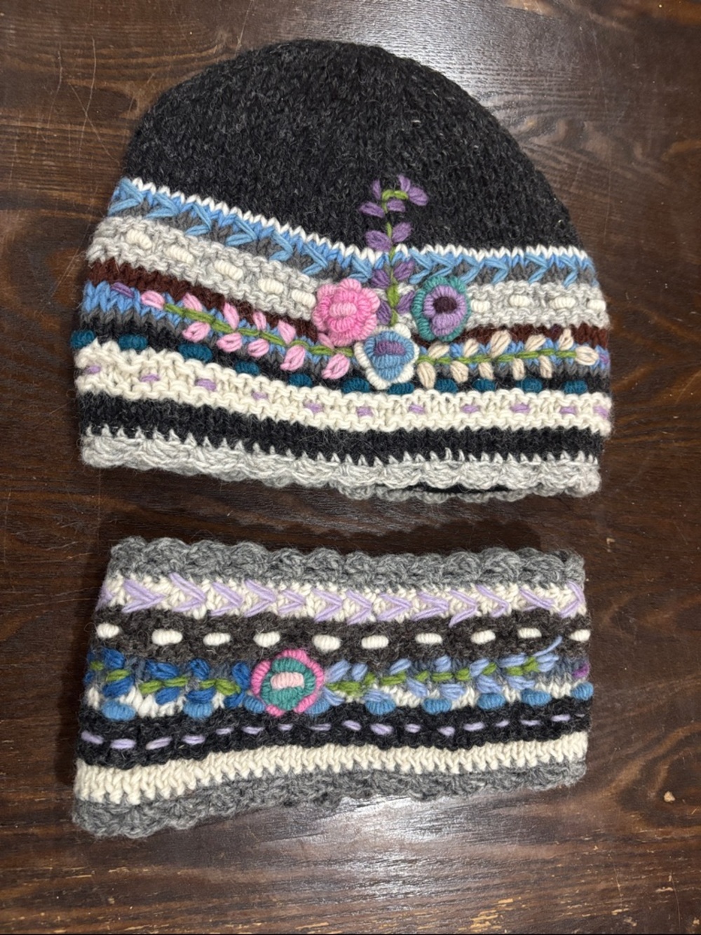 Handmade Knit Beanie and Headband Set with Floral Embroidery - Black & Pastels